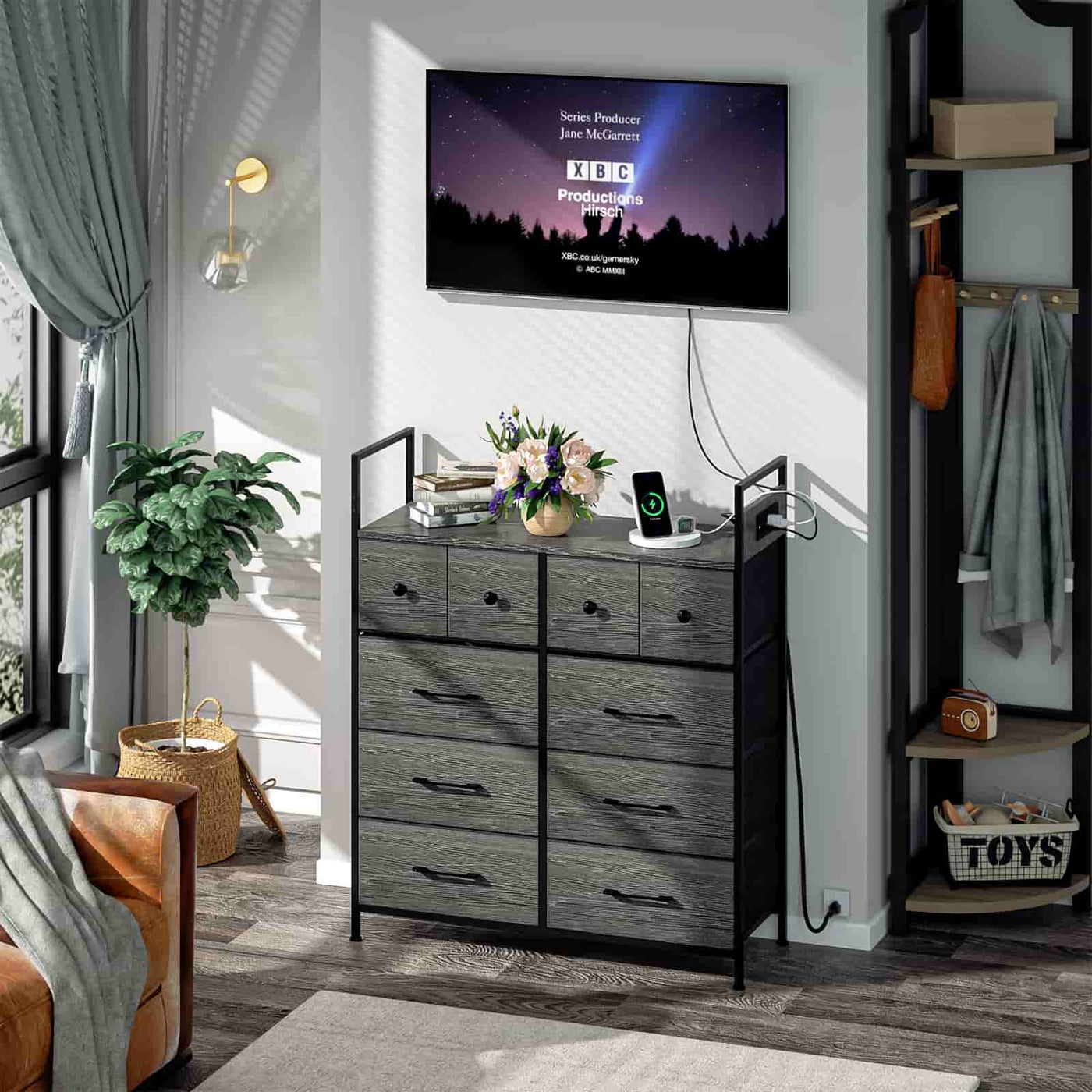 Wasagun Dresser with Fabric Drawers, 10 Shelves with Wooden Top & Metal Frame, for Bedroom