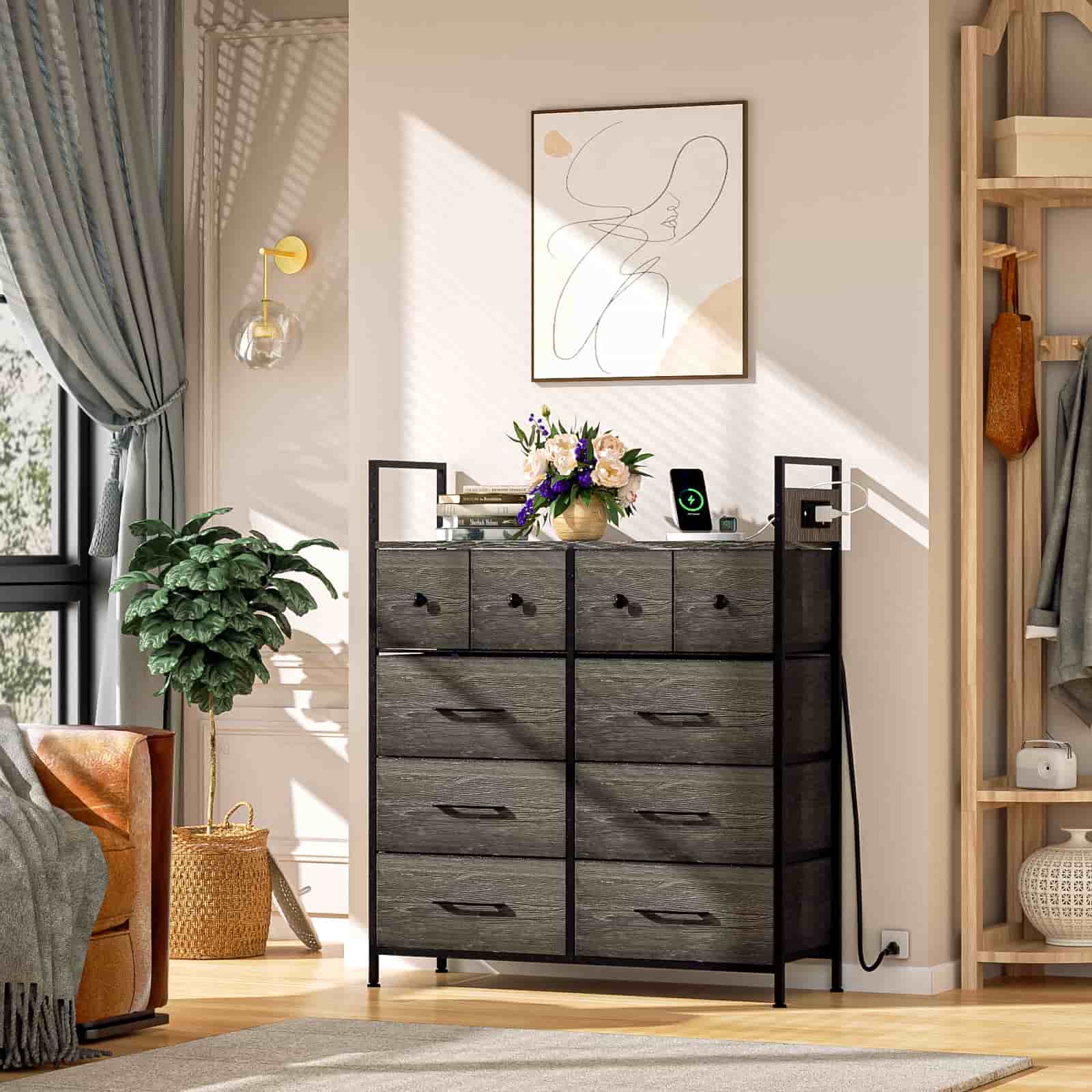 Wasagun Dresser with Fabric Drawers, 10 Shelves with Wooden Top & Metal Frame, for Bedroom