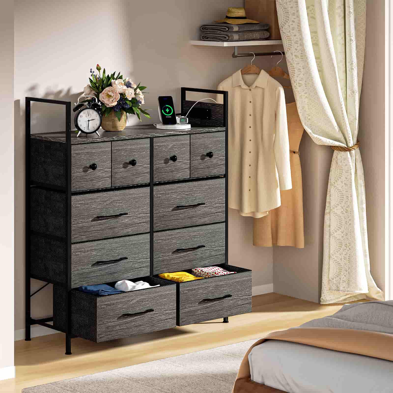 Wasagun Dresser with Fabric Drawers, 10 Shelves with Wooden Top & Metal Frame, for Bedroom