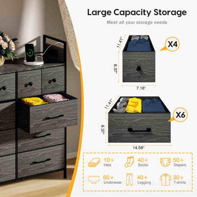 Wasagun Dresser with Fabric Drawers, 10 Shelves with Wooden Top & Metal Frame, for Bedroom