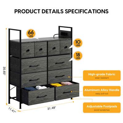 Wasagun Dresser with Fabric Drawers, 10 Shelves with Wooden Top & Metal Frame, for Bedroom
