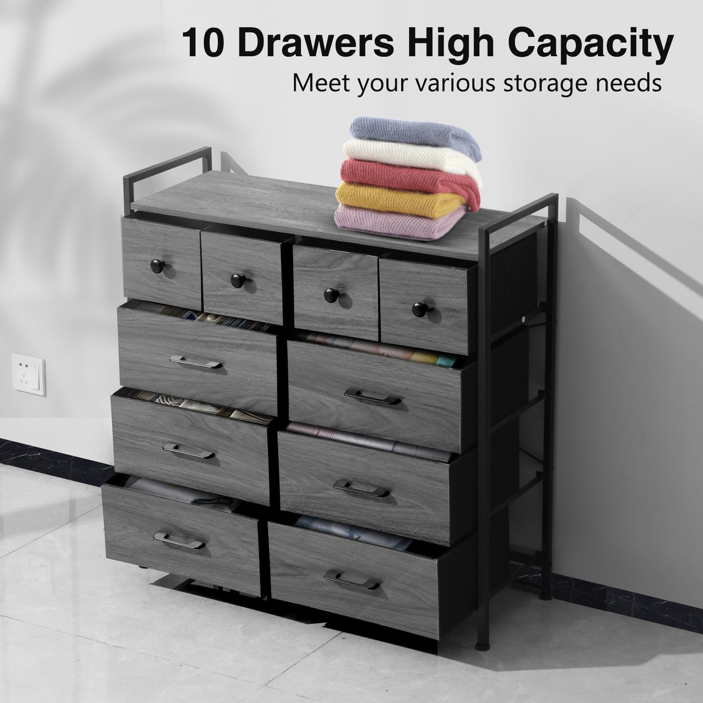 Wasagun Dresser with Fabric Drawers, 10 Shelves with Wooden Top 