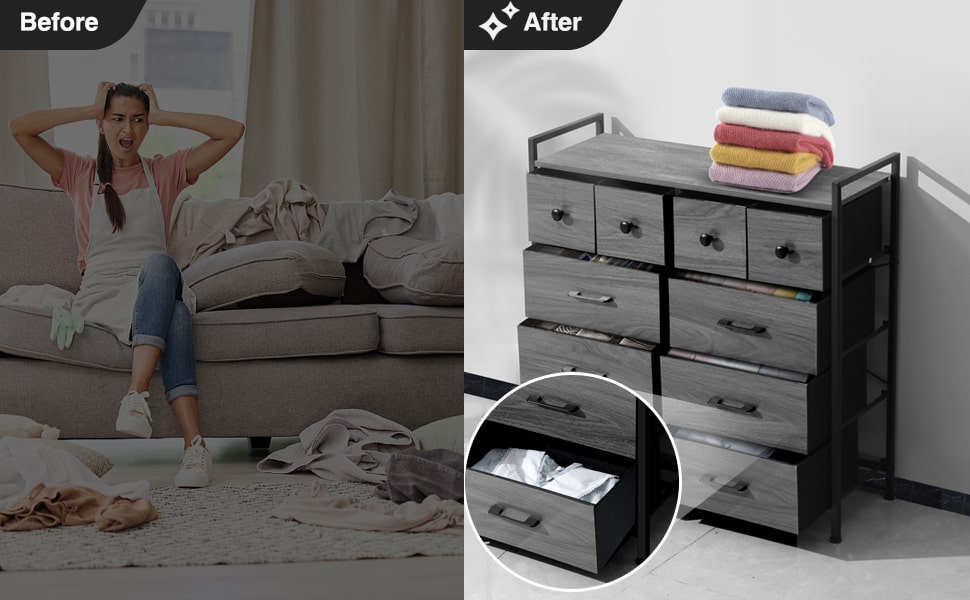 Wasagun Dresser with Fabric Drawers, 10 Shelves with Wooden Top 
