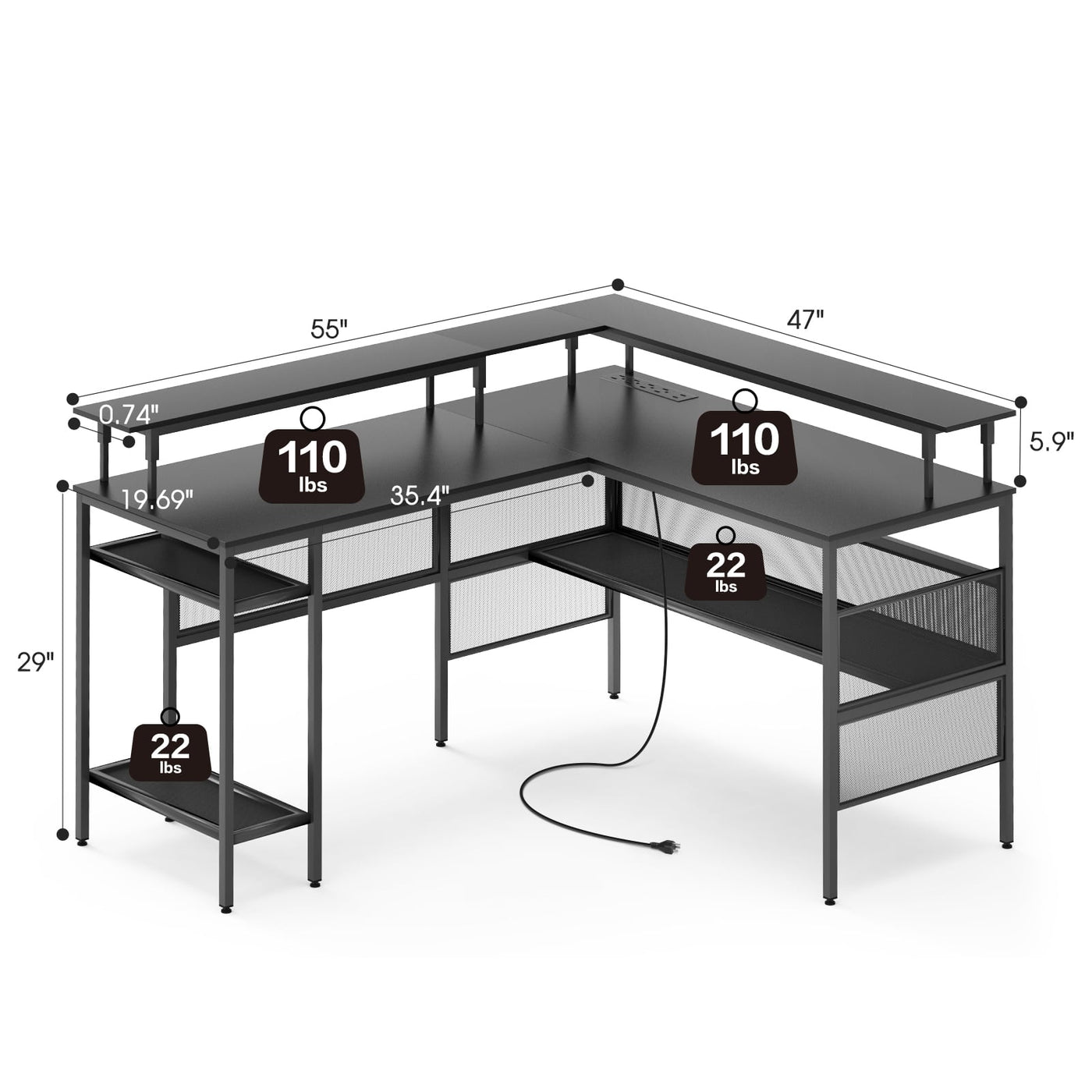 Wasagun L Shaped Gaming Desk, 55 inch, with Led Lights