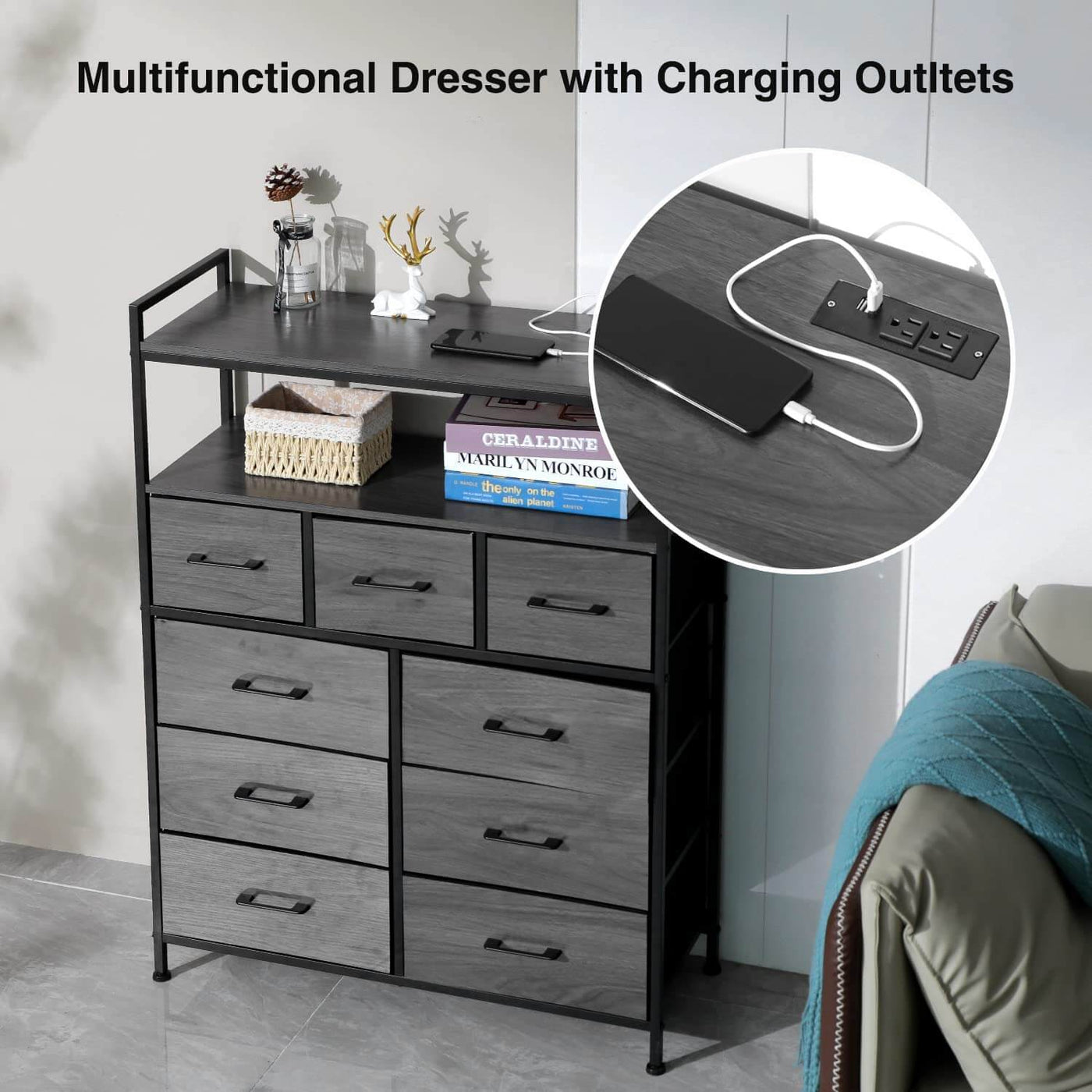 Wasagun Dresser Drawers, 9 Shelves with Charging Station & USB Ports, for Bedroom