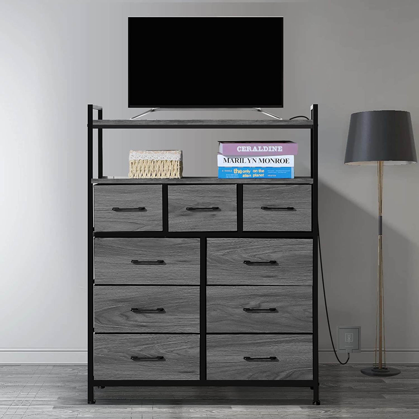 Wasagun Dresser Drawers, 9 Shelves with Charging Station & USB Ports, for Bedroom