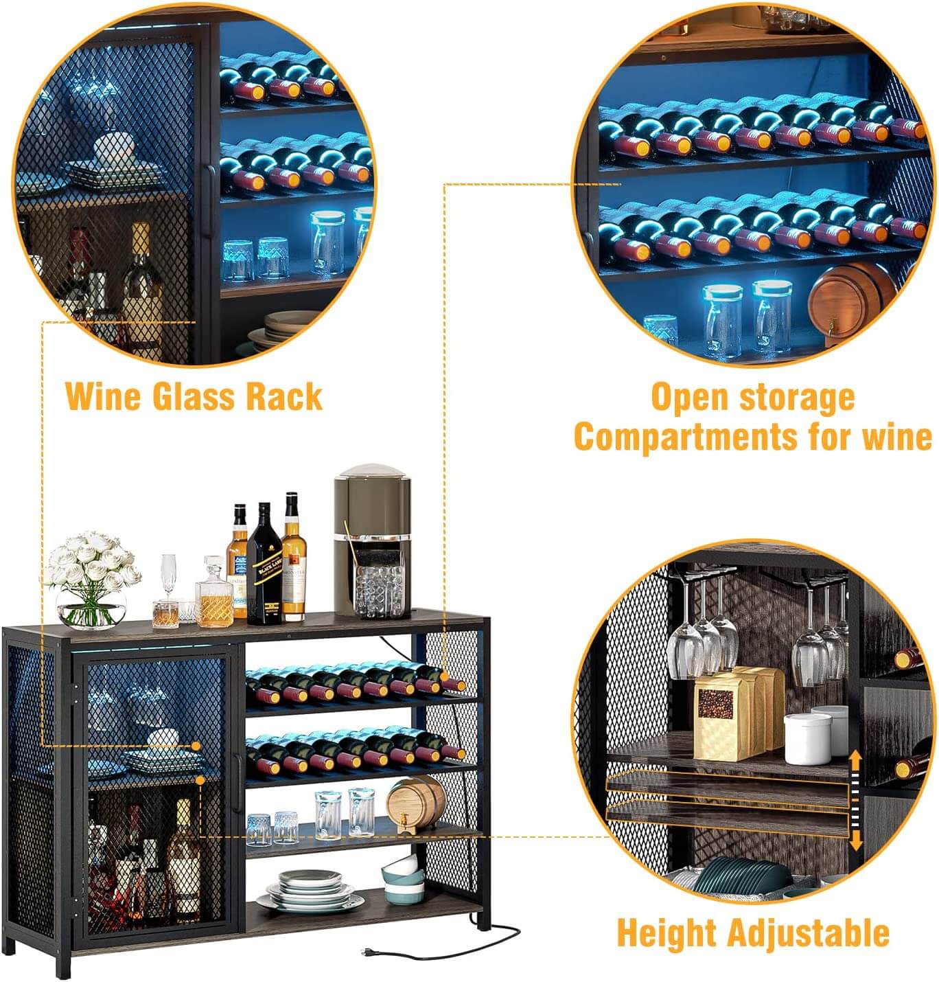 Wasagun Industrial Wine Bar Cabinet, with Wine Glass Holder and Wine Storage