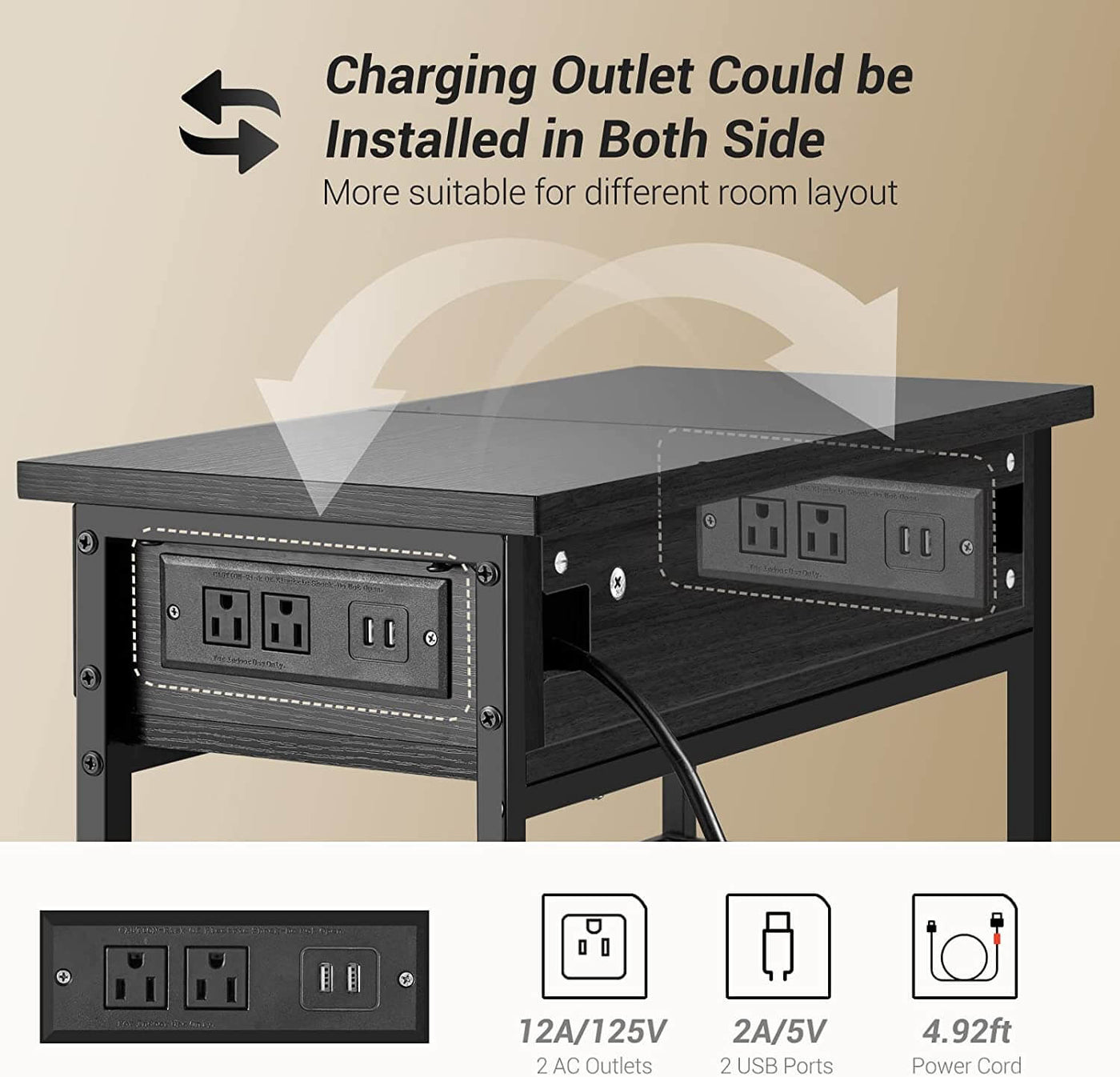 Wasagun Narrow End Table with Drawers and Charging Station