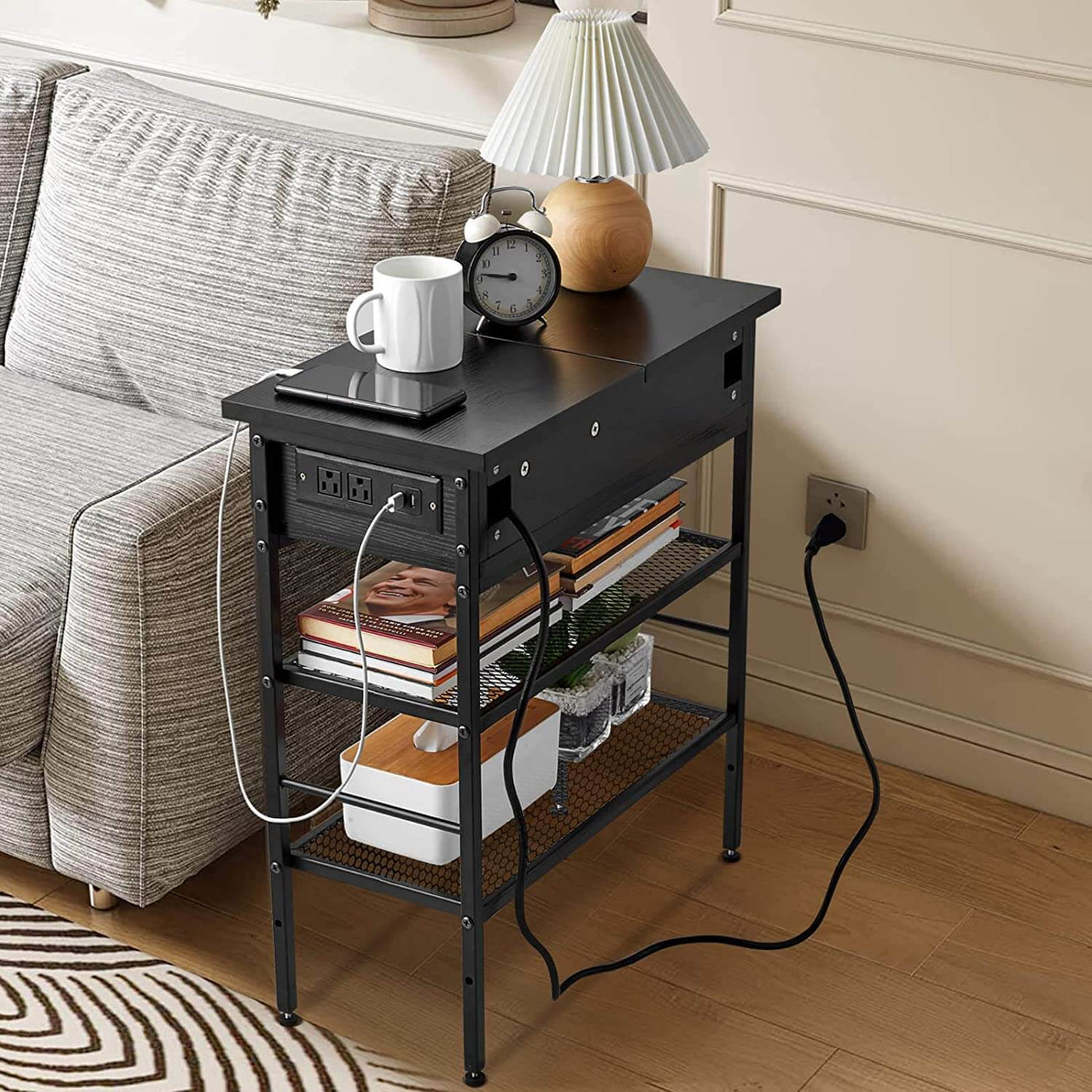 Wasagun Narrow End Table with Drawers and Charging Station